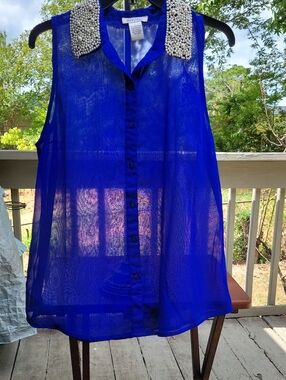 (LOOK!!)DIZZYLIZZY-dazzle + shimmer Royal Blue W/Pearl Collar Sleeveless  Blouse